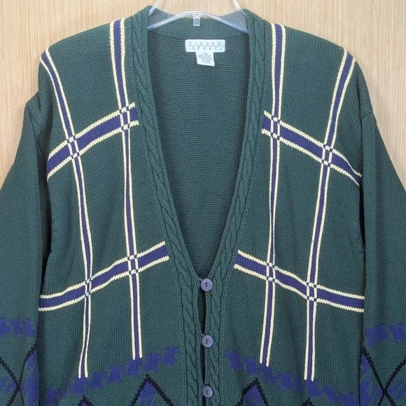 Picone Cardigan Sweater Womens Large Green Argyle Plaid‎ Grandpa Oversized Retro - Picture 2 of 8